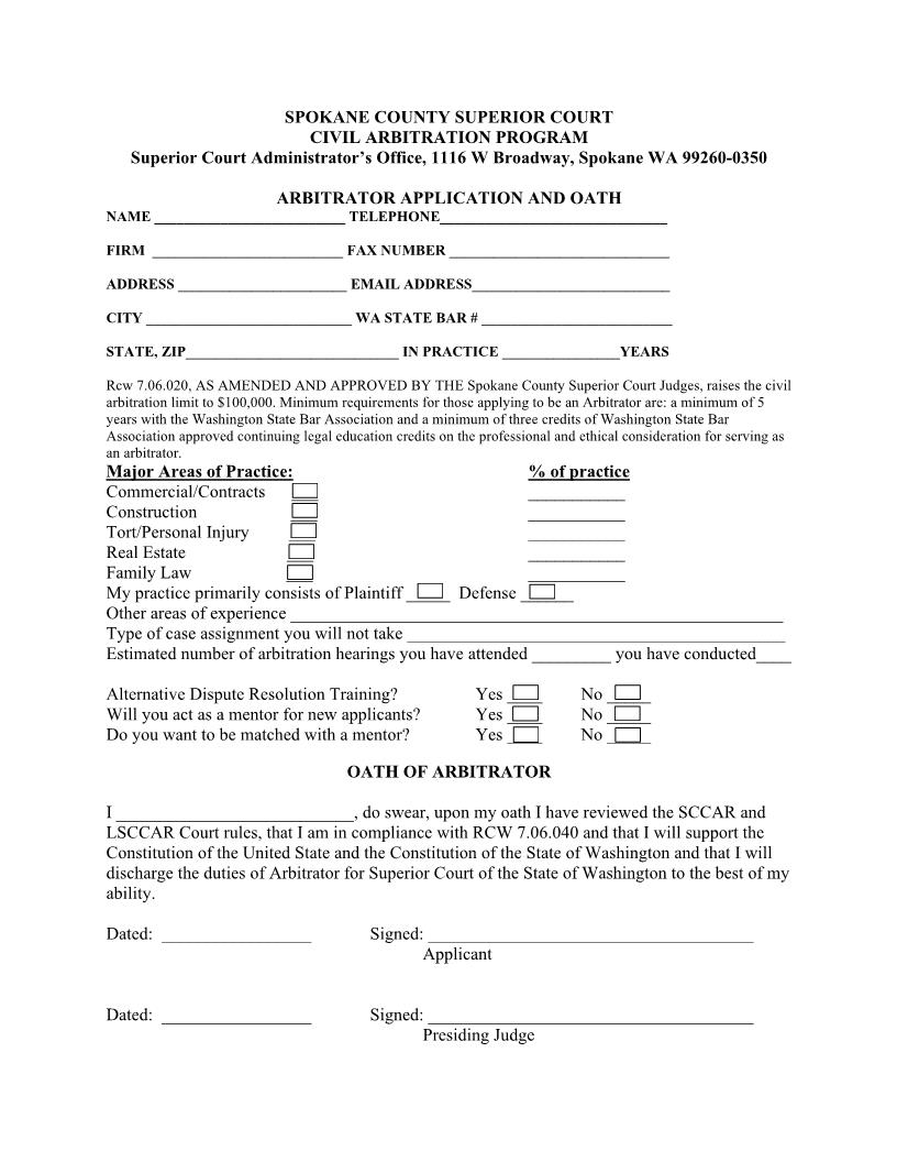 Arbitrator Application And Oath | Pdf Fpdf Doc Docx | Washington