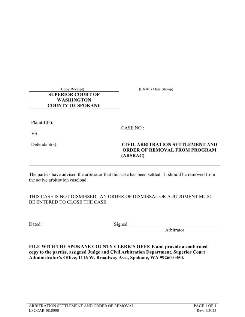 Mandatory Arbitration Settlement And Order Of Removal From Program | Pdf Fpdf Doc Docx | Washington