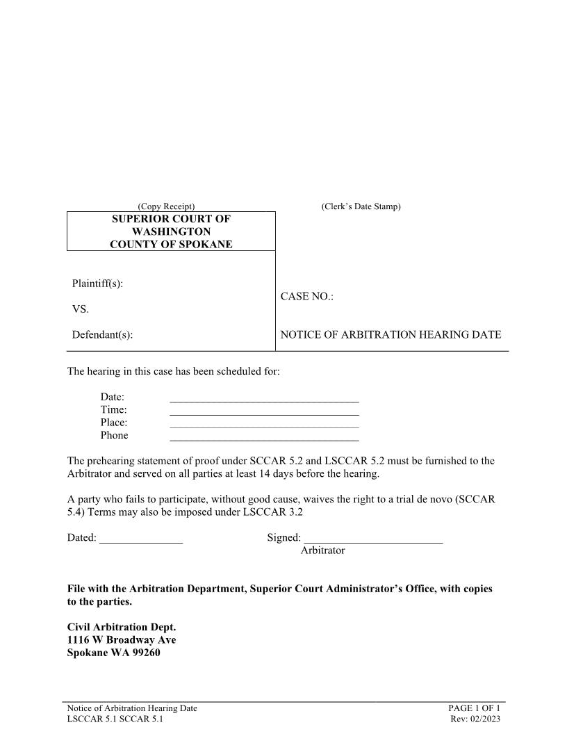 Notice Of Arbitration Hearing Date | Pdf Fpdf Doc Docx | Washington