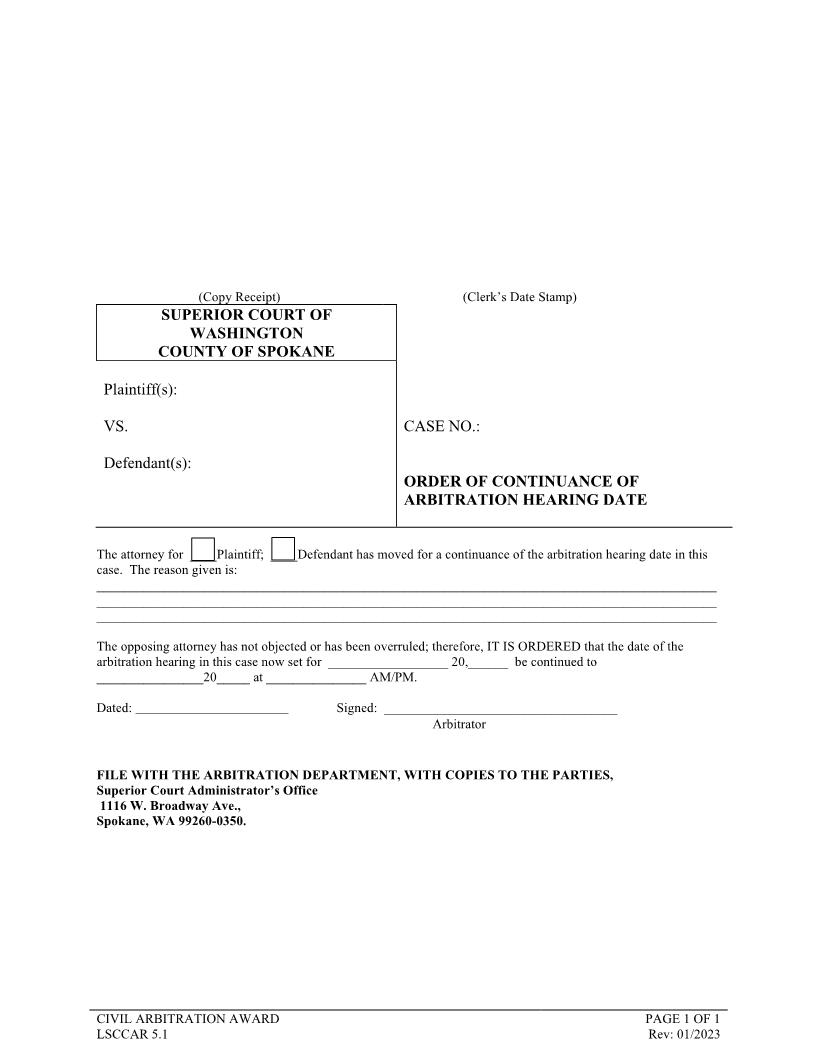 Order Of Continuance Of Arbitration Hearing Date | Pdf Fpdf Doc Docx | Washington