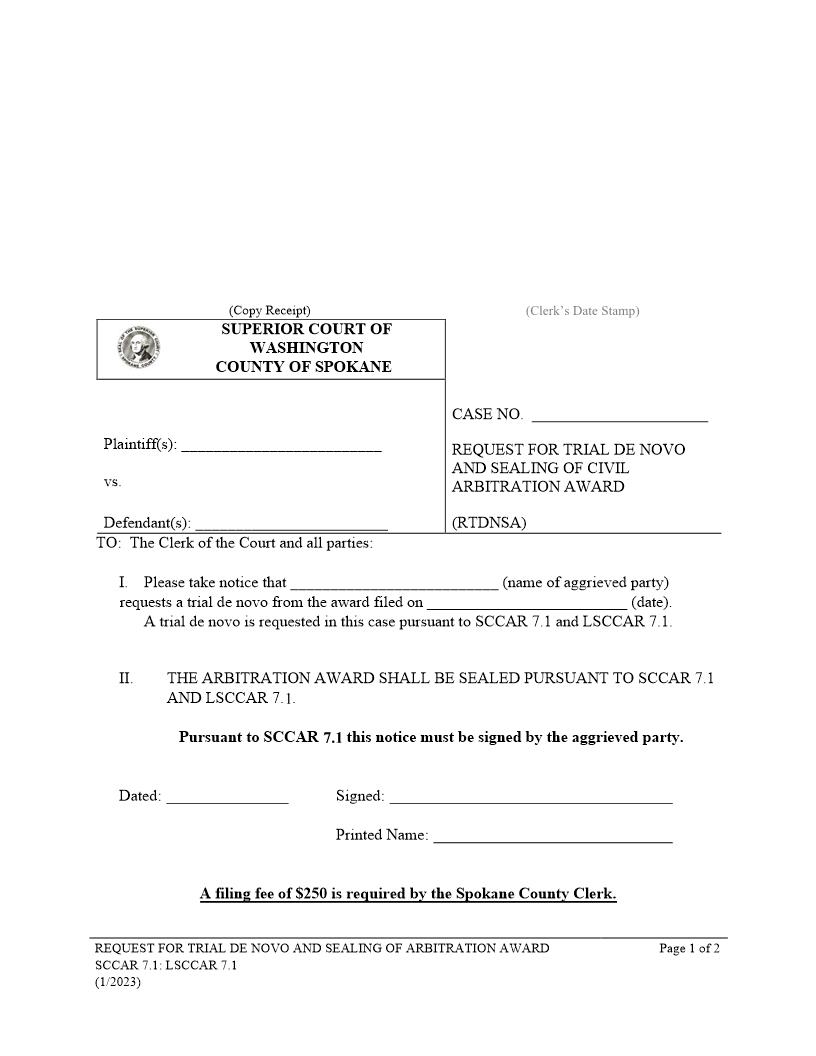 Request Trial De Novo And Sealing Of Mandatory Arbitration | Pdf Fpdf Doc Docx | Washington