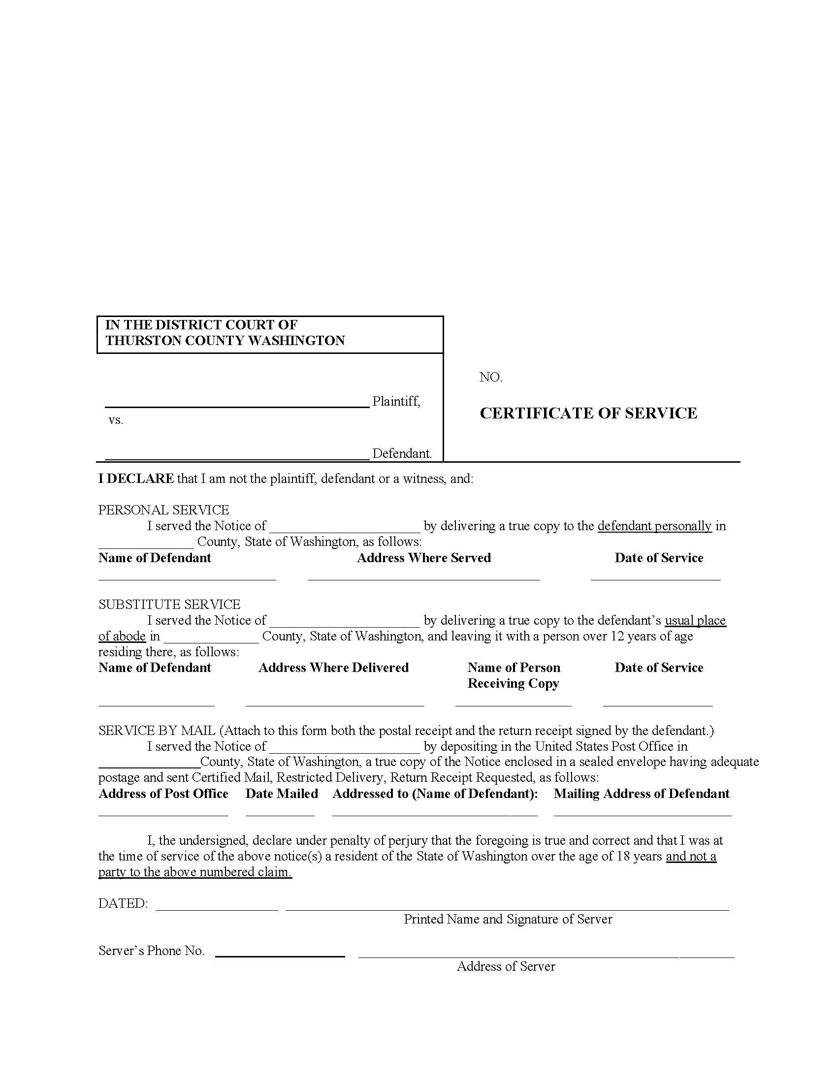 Small Claims Certificate Of Service | Pdf Fpdf Docx | Washington