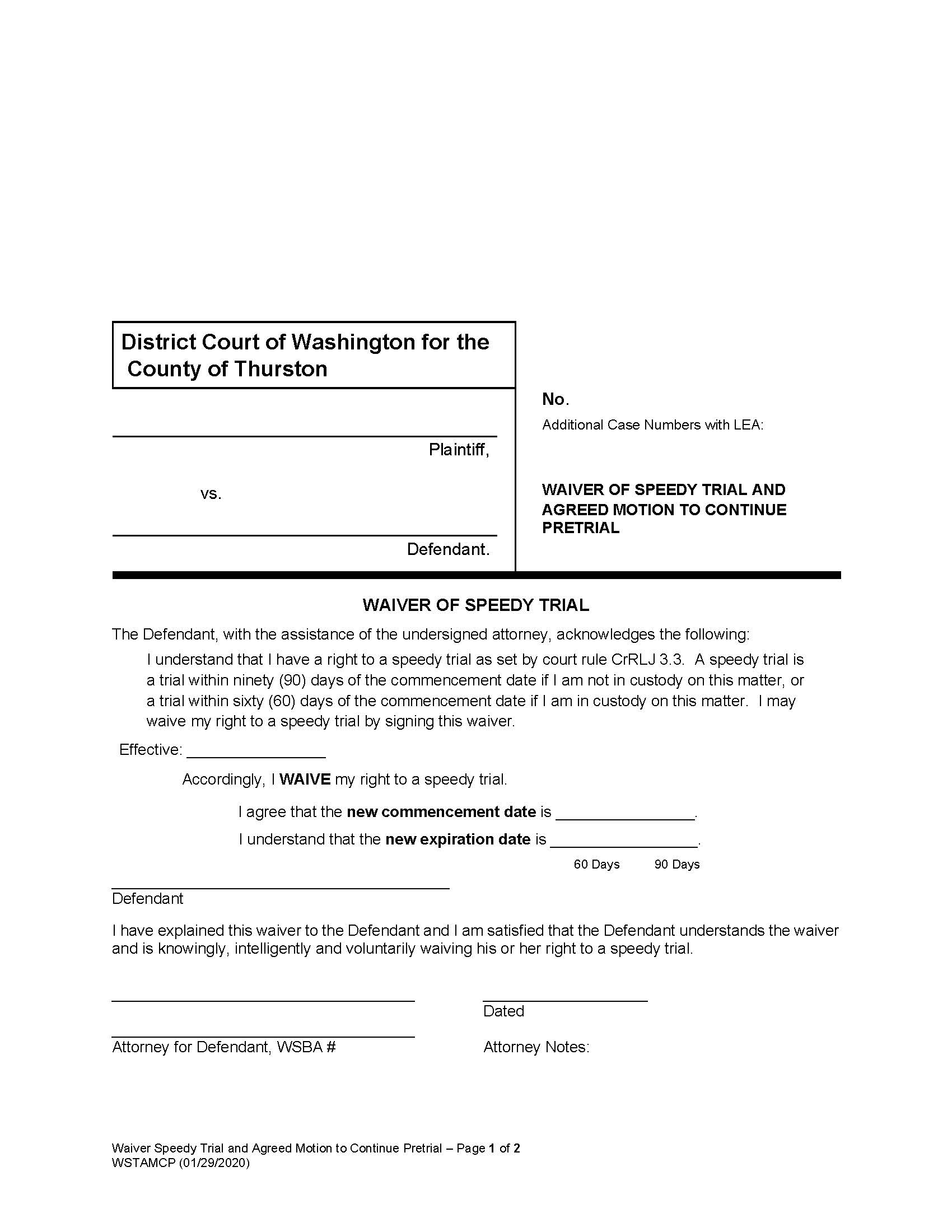 Waiver Speedy Trial And Agreed Motion To Continue Pretrial | Pdf Fpdf Docx | Washington