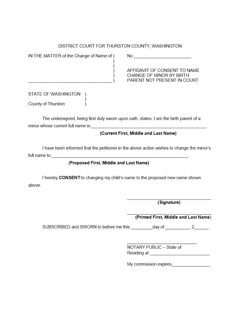 Affidavit Of Consent To Name Change Of Minor By Birth Parent | Pdf Fpdf Doc Docx | Washington
