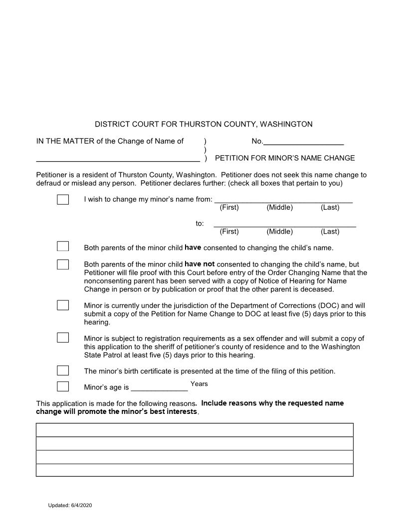 Petition For Minors Name Change | Pdf Fpdf Doc Docx | Washington