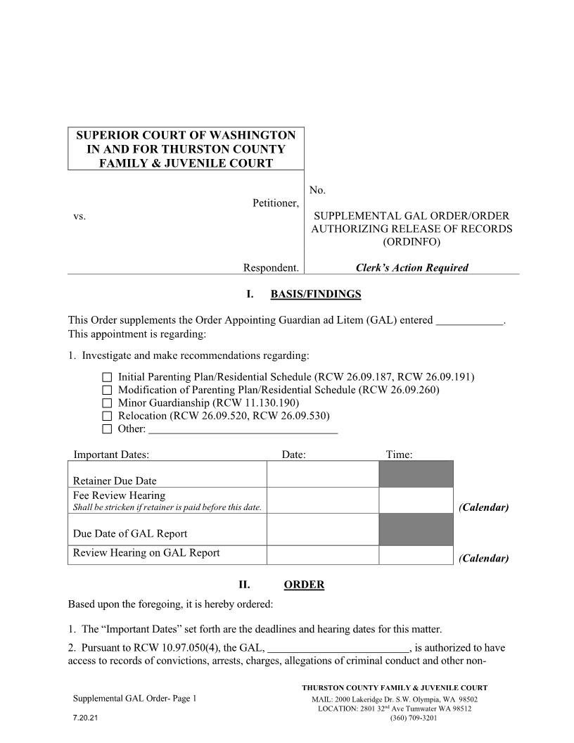 Supplemental GAL Order Order Authorizing Release Of Records | Pdf Fpdf Doc Docx | Washington