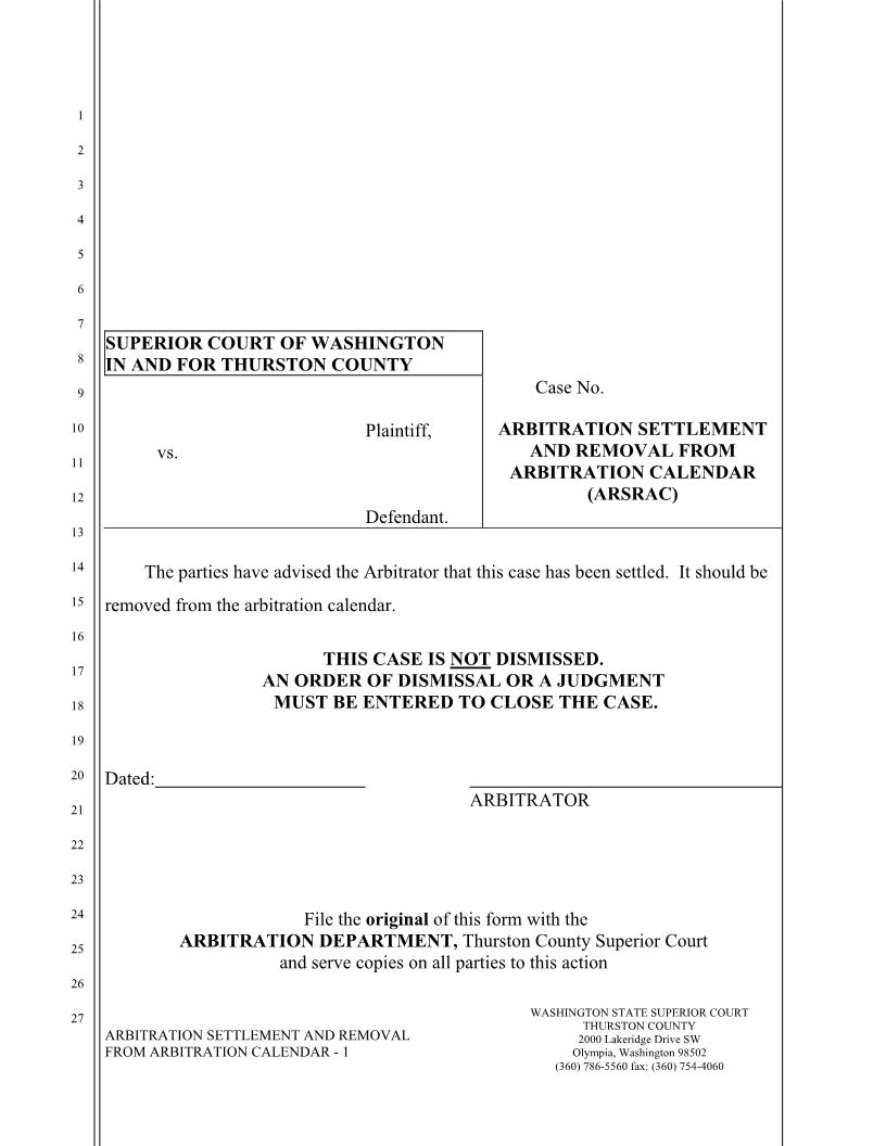 Arbitration Settlement And Removal From Arbitration Calendar | Pdf Fpdf Doc Docx | Washington