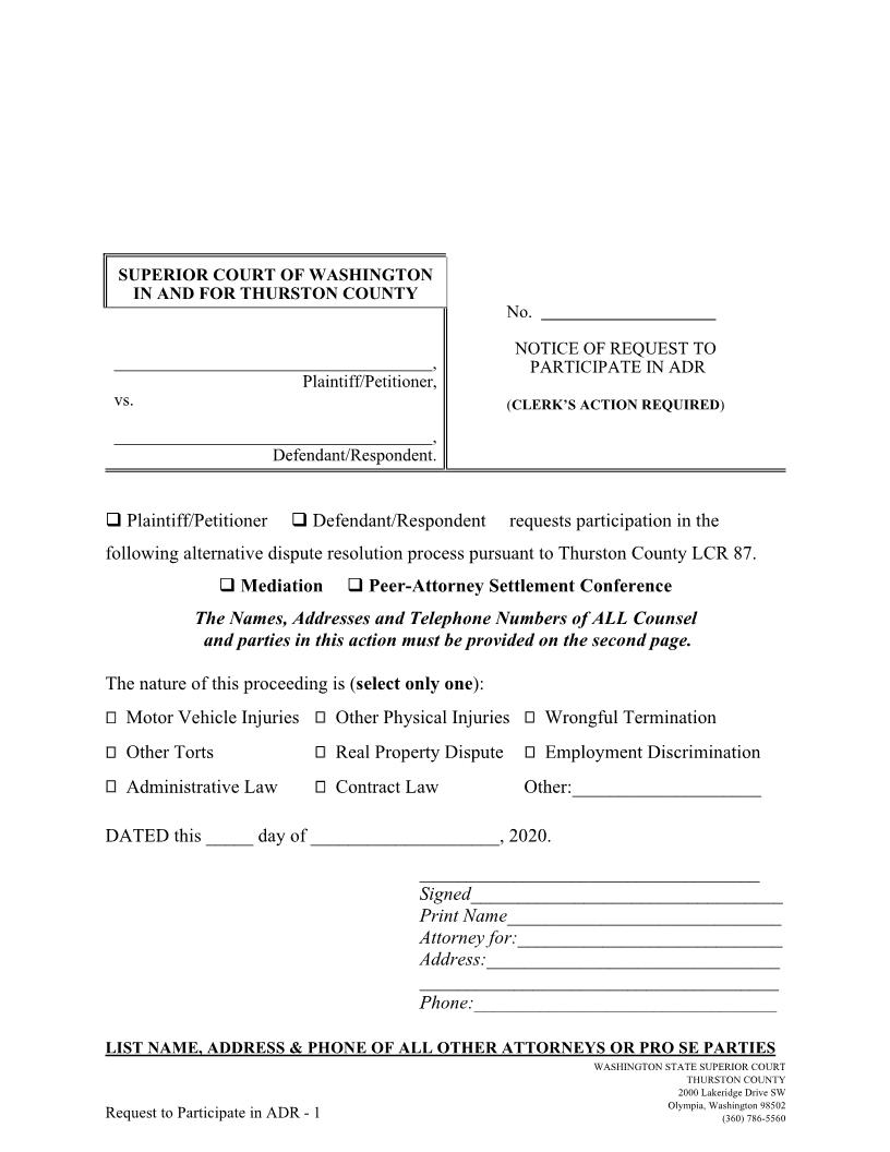 Notice Of Request To Participate In ADR | Pdf Fpdf Doc Docx | Washington