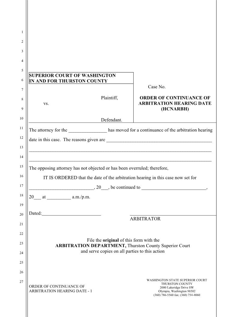 Order Of Continuance Of Arbitration Hearing Date | Pdf Fpdf Doc Docx | Washington
