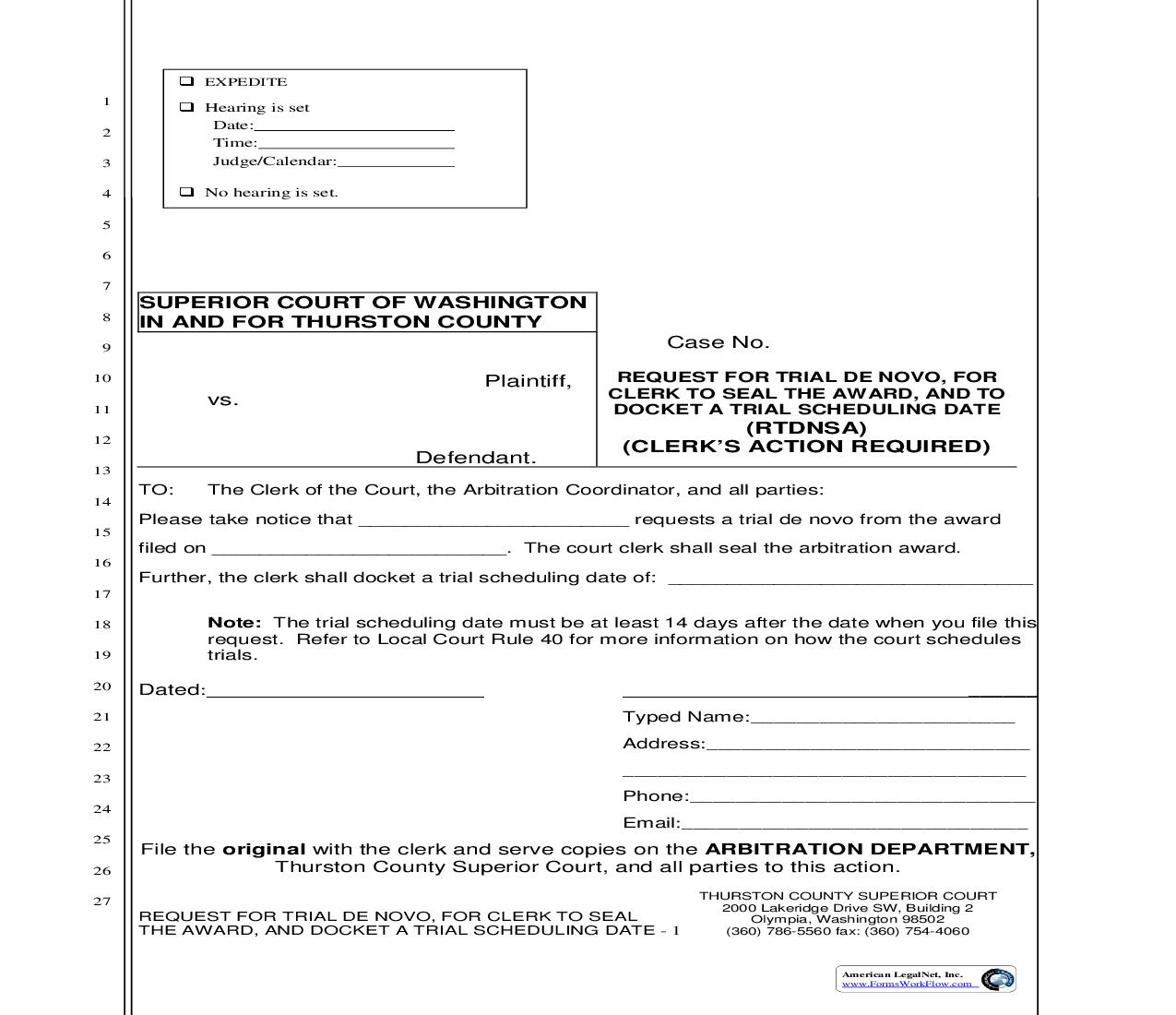 Request For Trial De Novo For Clerk To Seal Award To Hold Scheduling Conference | Pdf Fpdf Doc Docx | Washington