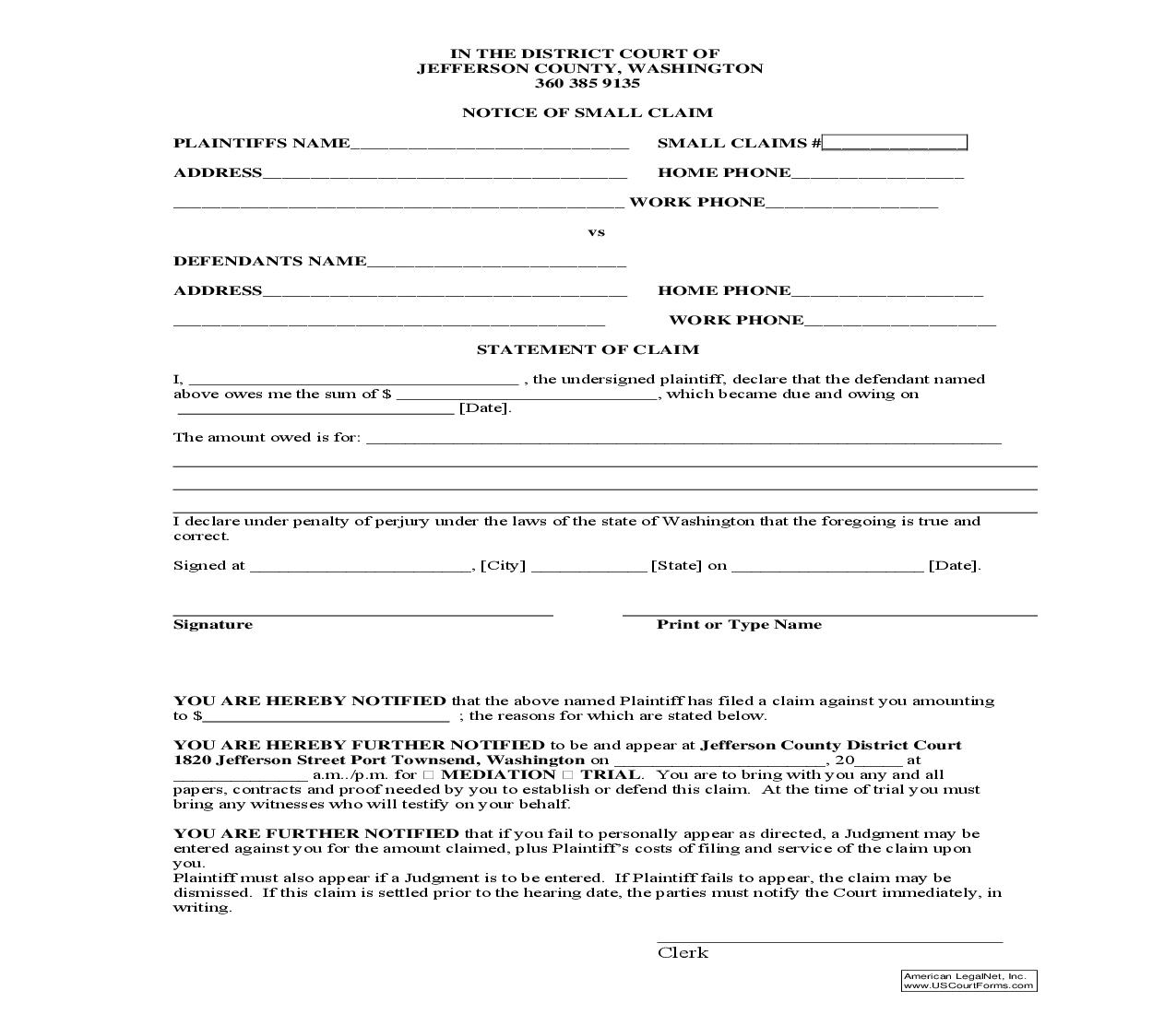 Notice Of Small Claim | Pdf Fpdf Doc Docx | Washington