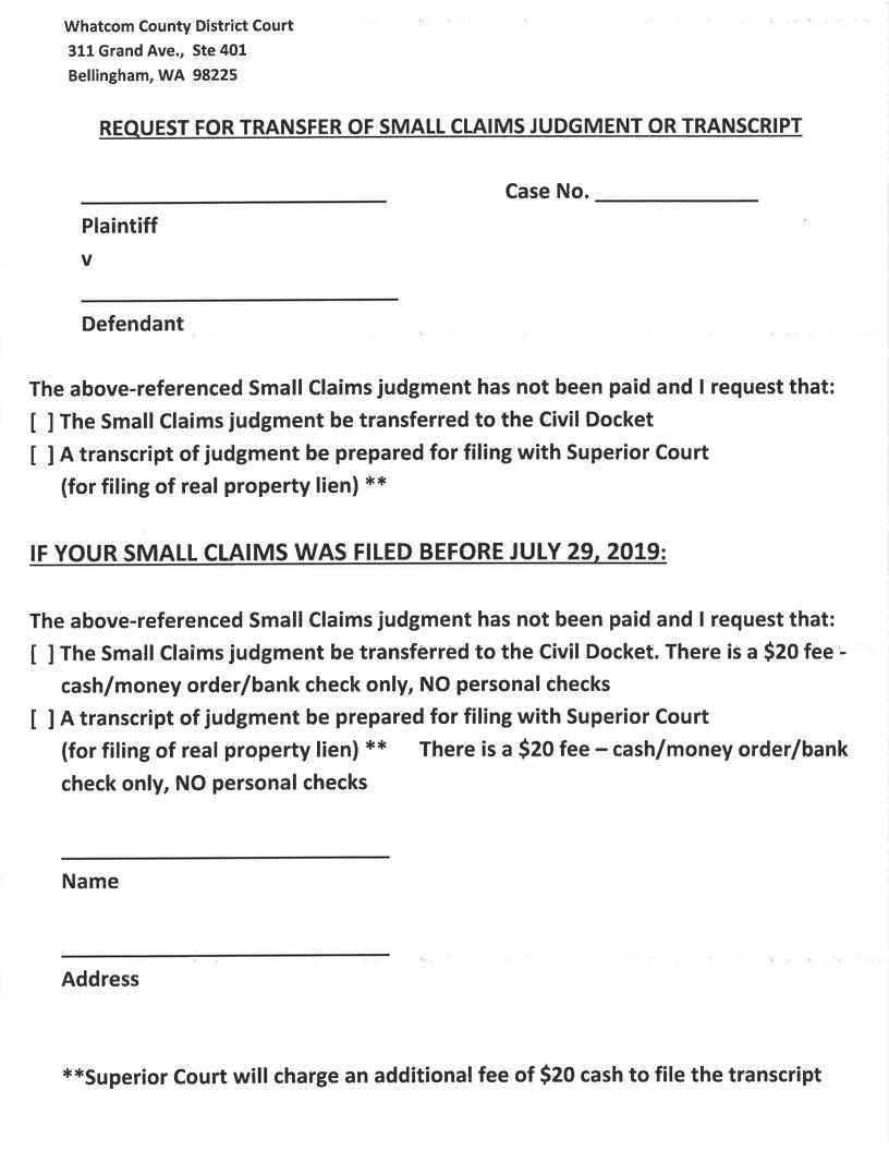 Request For Certification And Transfer Of Small Claim Judgment | Pdf Fpdf Doc Docx | Washington