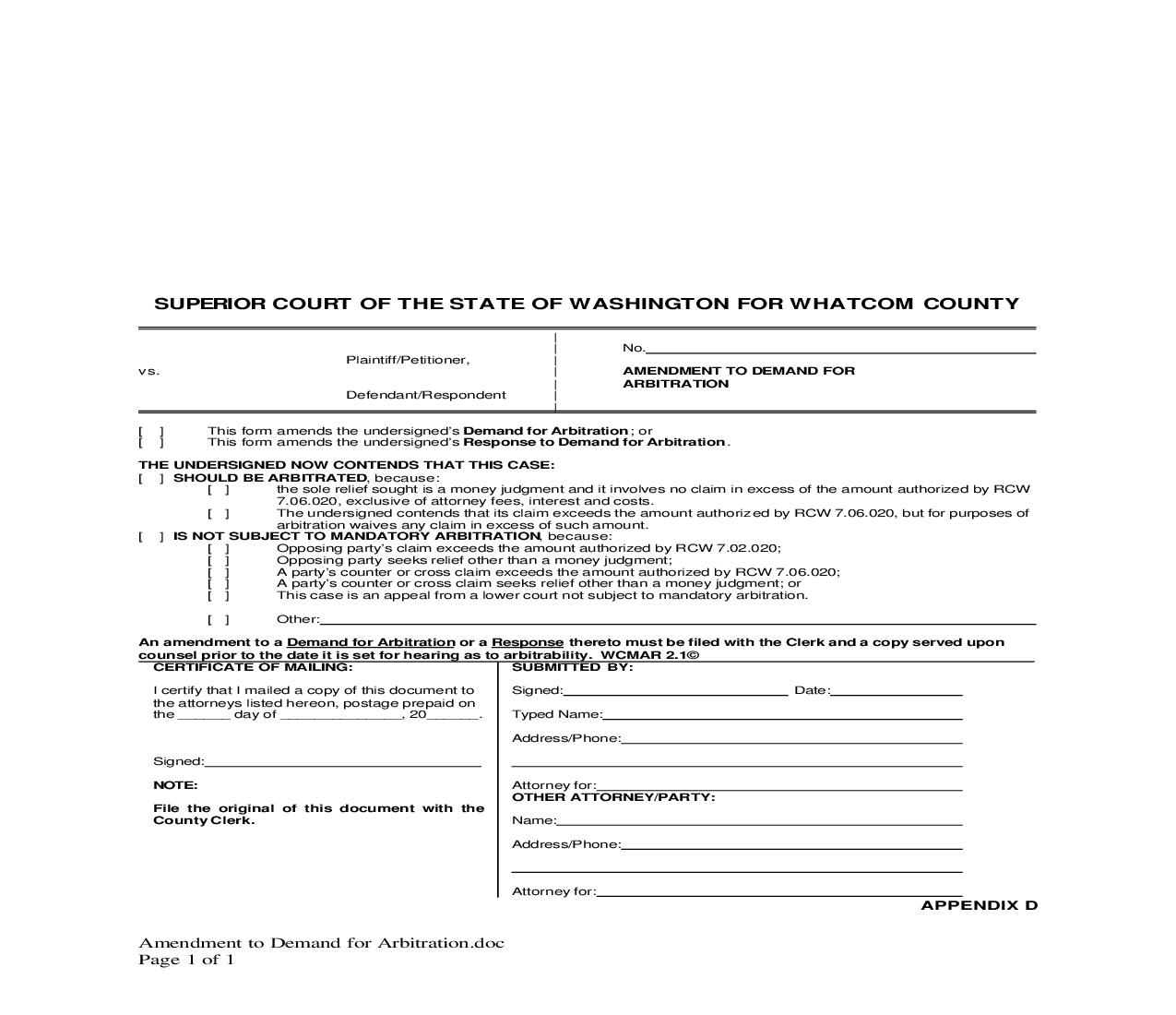 Amendment To Demand For Arbitration | Pdf Fpdf Doc Docx | Washington