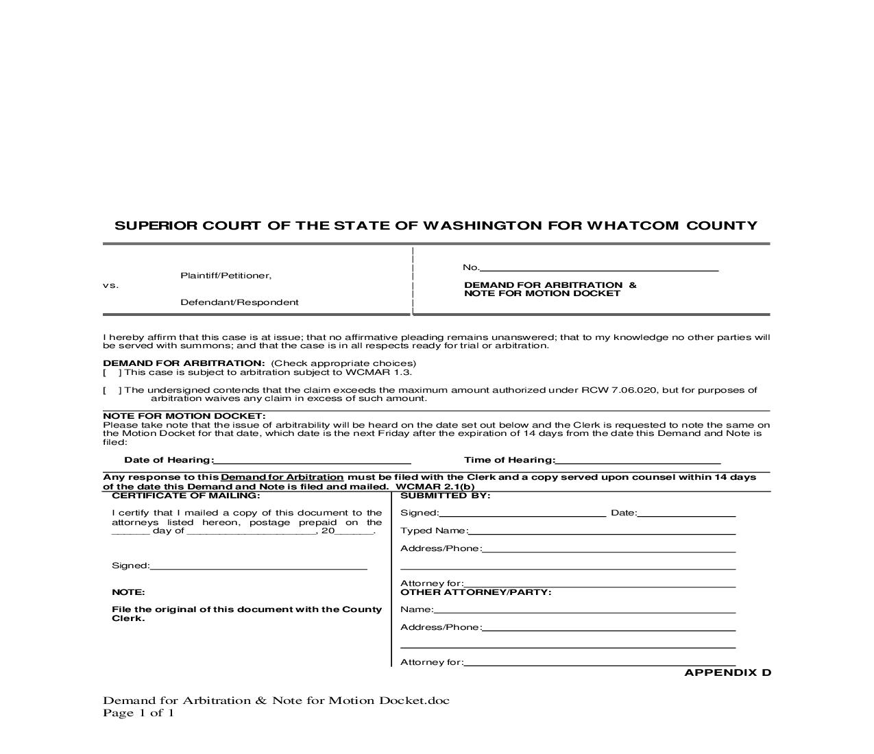 Demand For Arbitration And Note For Motion Docket | Pdf Fpdf Doc Docx | Washington