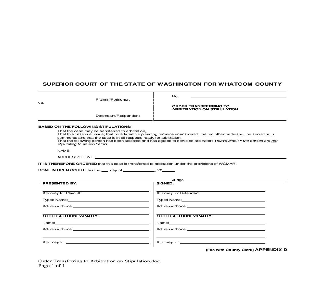 Order Transferring To Abritration On Stipulation | Pdf Fpdf Doc Docx | Washington