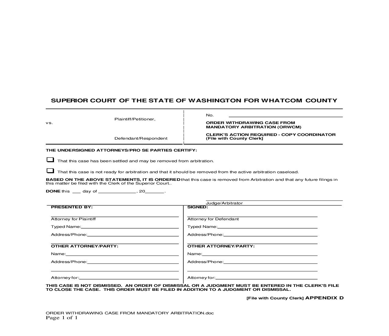 Order Withdrawing Case From Mandatory Arbitration | Pdf Fpdf Doc Docx | Washington