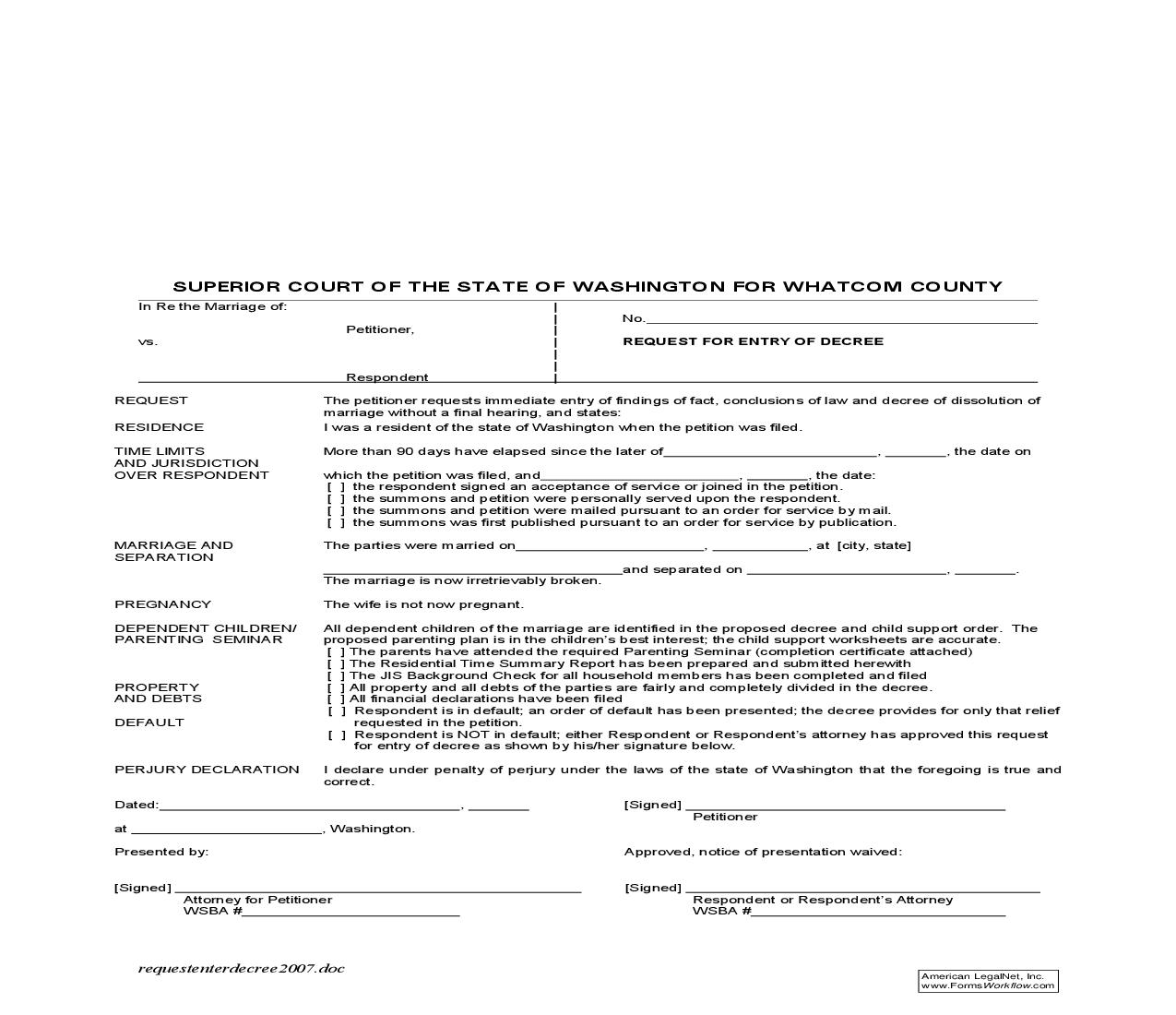Request For Entry Of Decree And Declaration Of Jurisdictional Facts | Pdf Fpdf Doc Docx | Washington