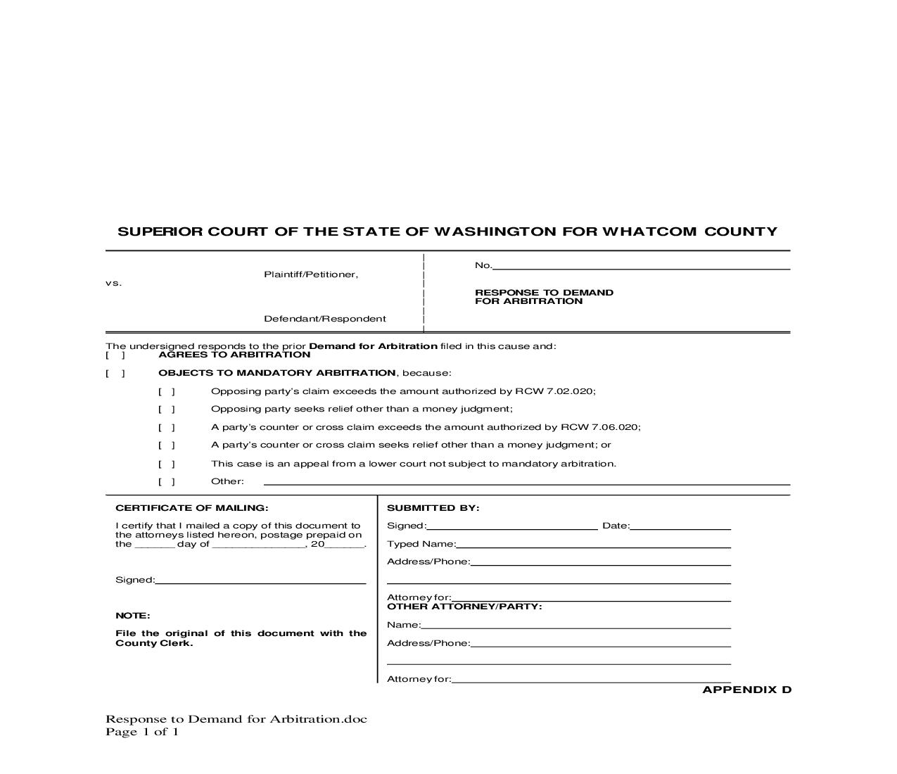 Response To Demand For Arbitration | Pdf Fpdf Doc Docx | Washington