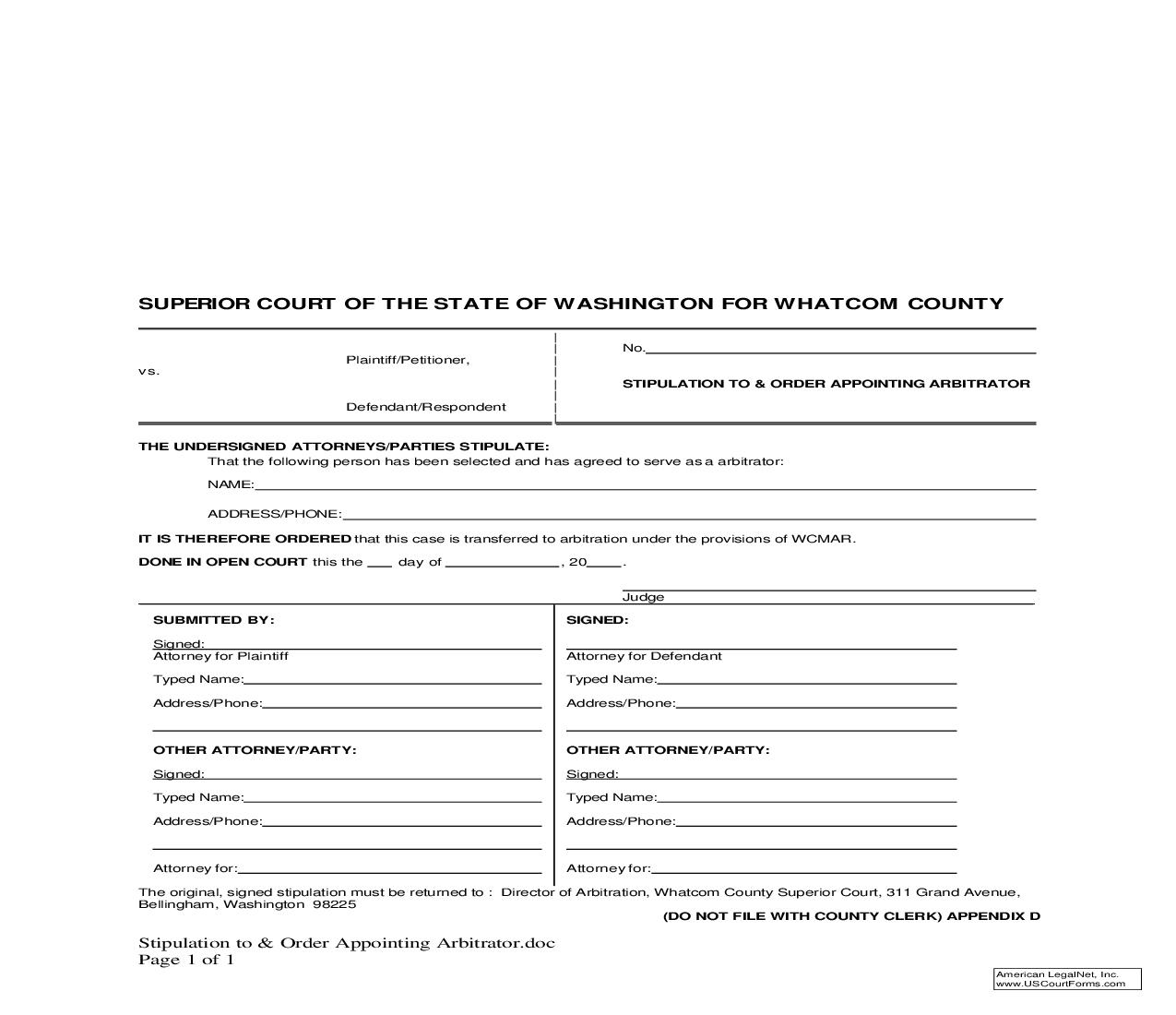 Stipulation To And Order Appointing Arbitrator | Pdf Fpdf Doc Docx | Washington