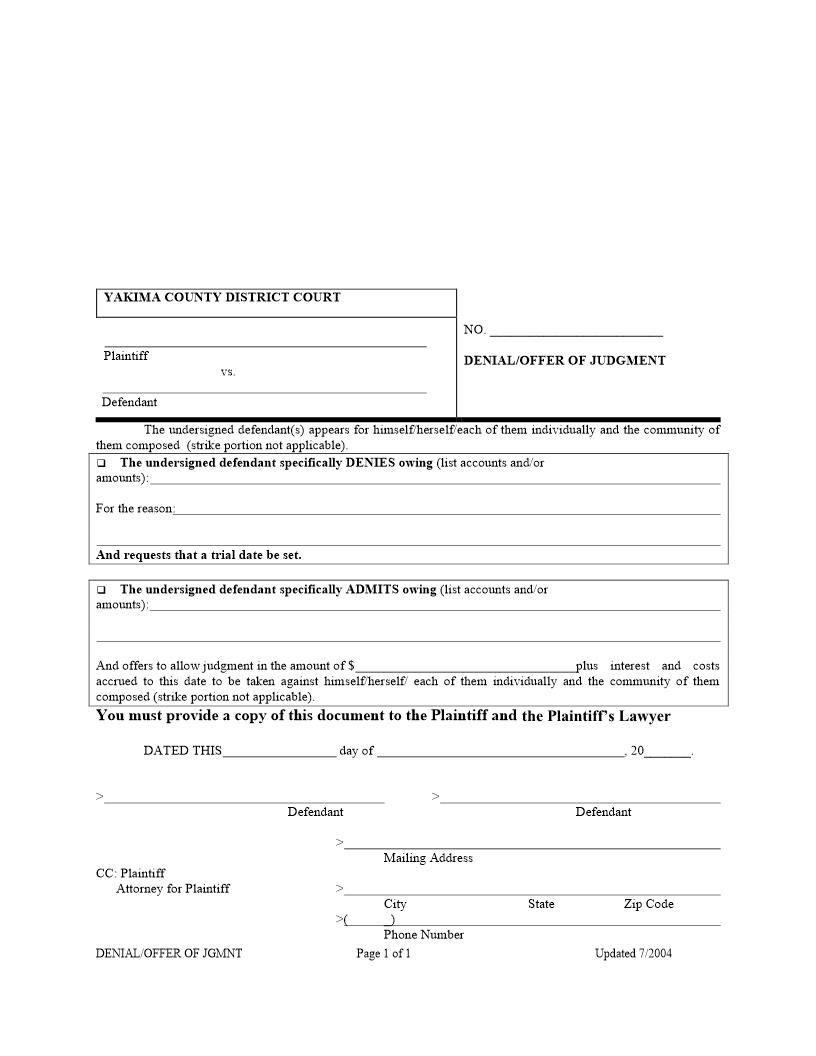Denial Offer Of Judgment | Pdf Fpdf Docx | Washington