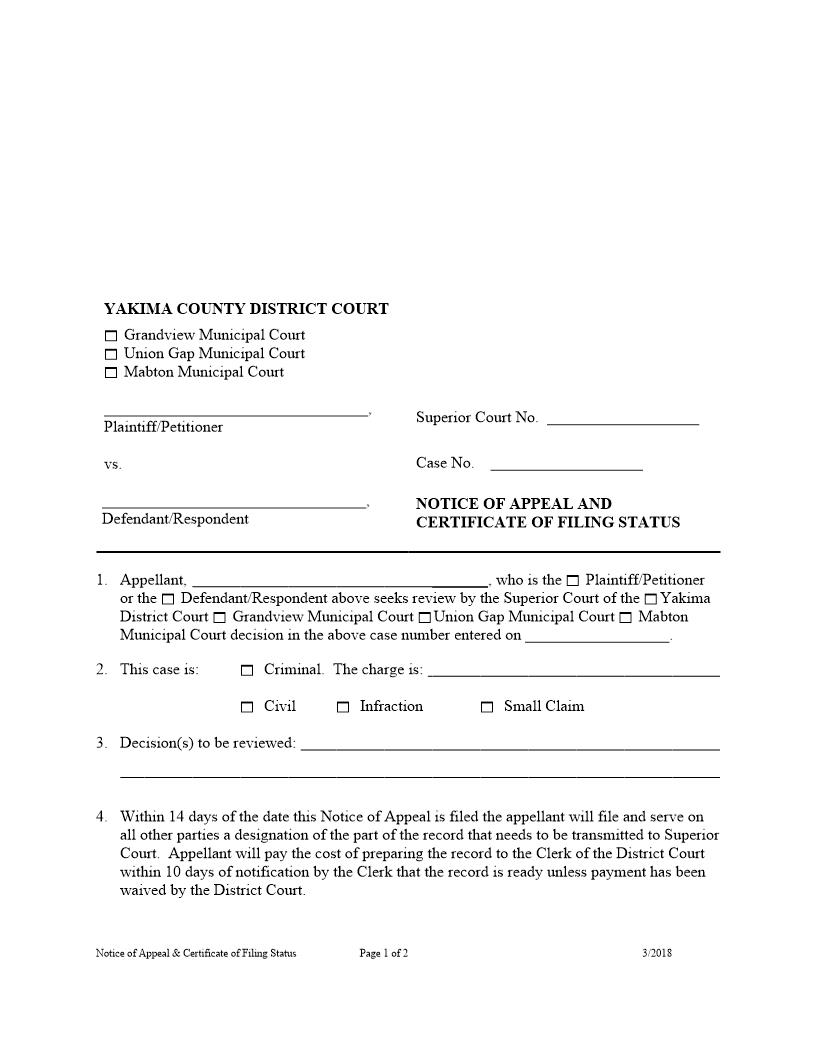 Notice Of Appeal And Certificate Of Filing Status | Pdf Fpdf Doc Docx | Washington