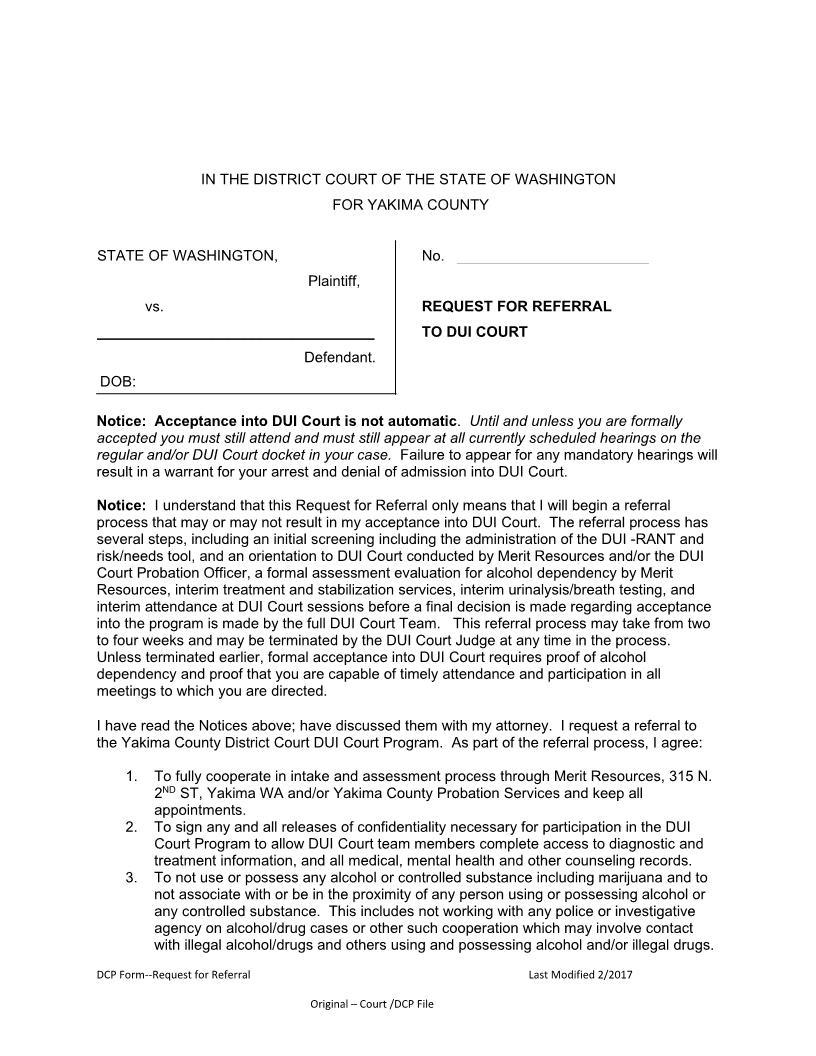 Request For Referral To Dui Court | Pdf Fpdf Docx | Washington