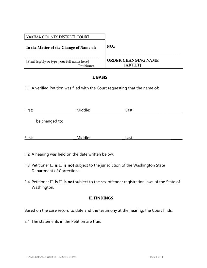 Order Changing Name Adult | Pdf Fpdf Doc Docx | Washington