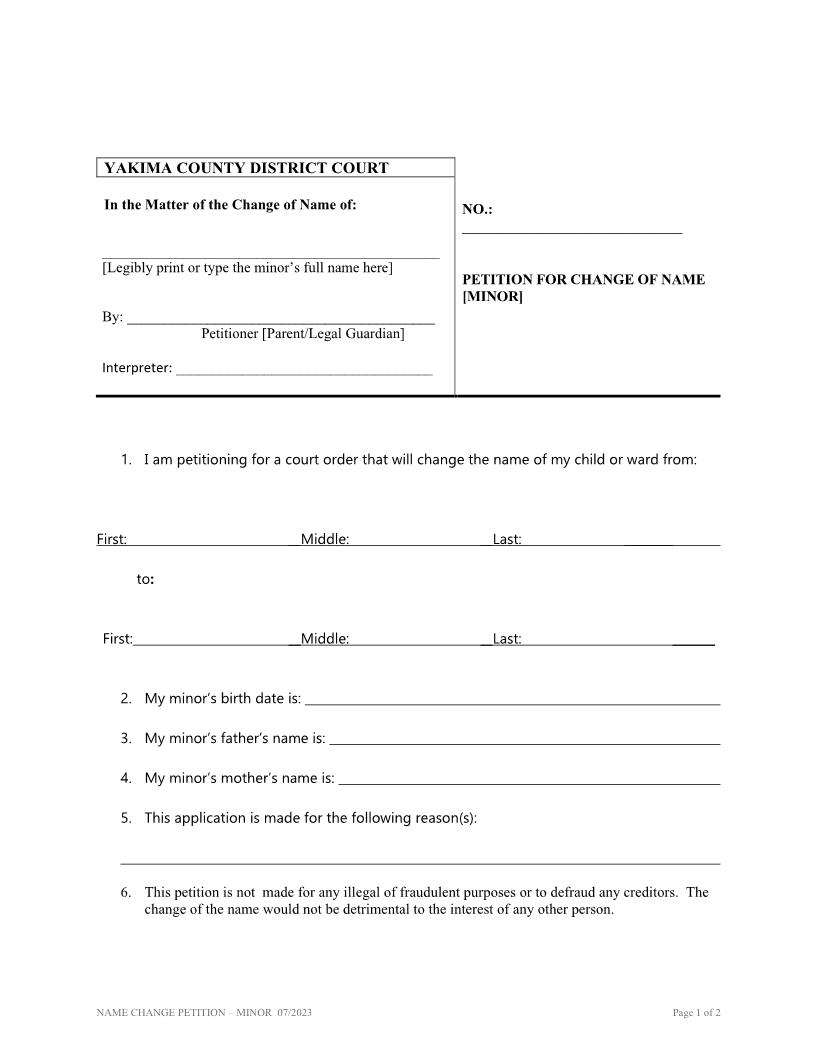 Petition For Change Of Name Minor | Pdf Fpdf Doc Docx | Washington