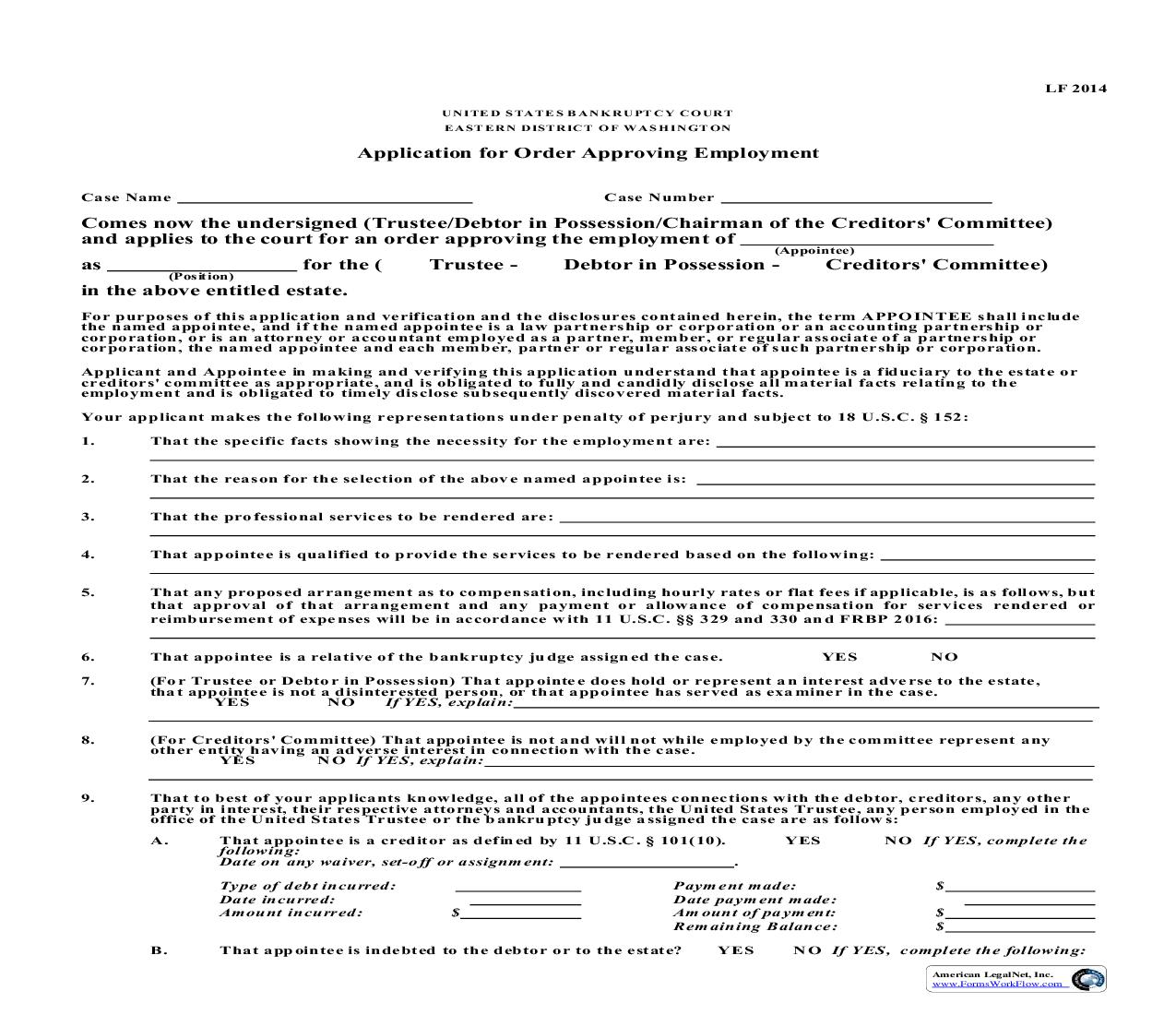 Application For Order Approving Employment {LF2014} | Pdf Fpdf Doc Docx | Washington