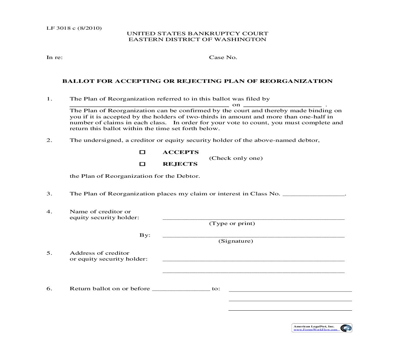 Ballot For Accepting Or Rejecting Plan Of Reorganization  {LF3018 c} | Pdf Fpdf Doc Docx | Washington