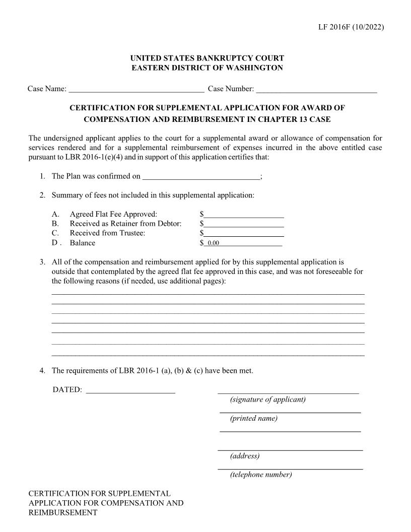Certification Supplemental Application Award Of Compensation Ch 13 Case {LF2016F} | Pdf Fpdf Doc Docx | Washington
