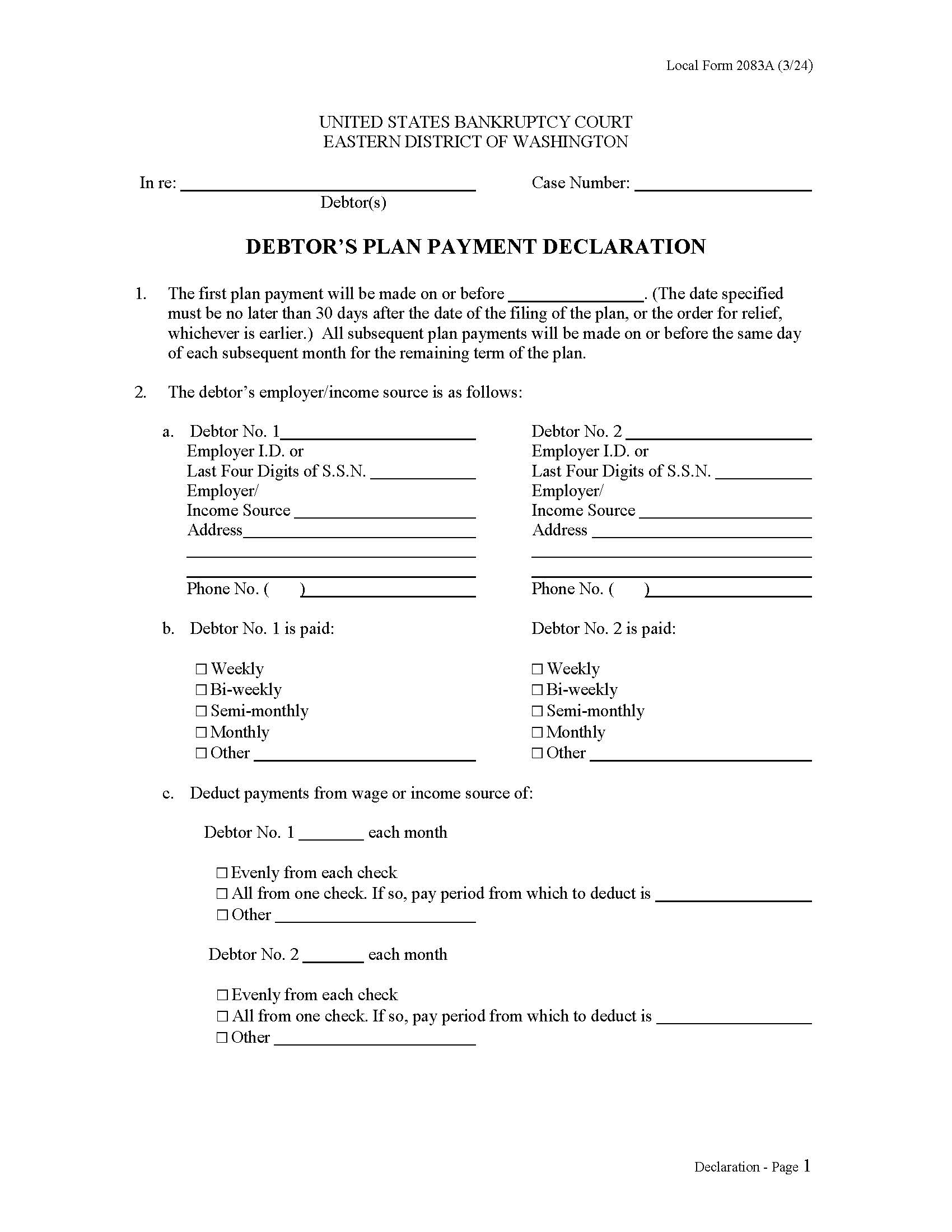 Debtors Plan Payment Declaration (Ch 13 Cases) {LF2083A} | Pdf Fpdf Doc Docx | Washington