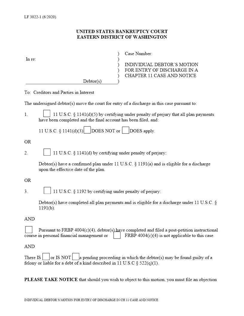 Motion for Ch 11 Discharge {LF3022-1} | Pdf Fpdf Doc Docx | Washington