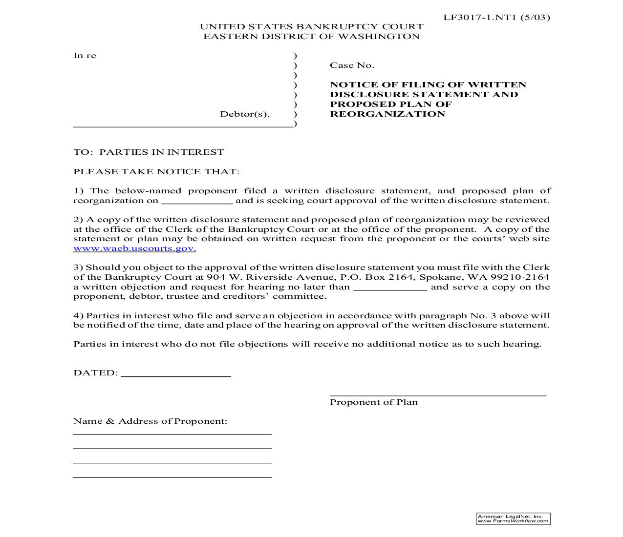 Notice Of Filing Of Written Disclosure Statement And Proposed Plan Of Reorganization {LF3017-1.NT1} | Pdf Fpdf Doc Docx | Washington