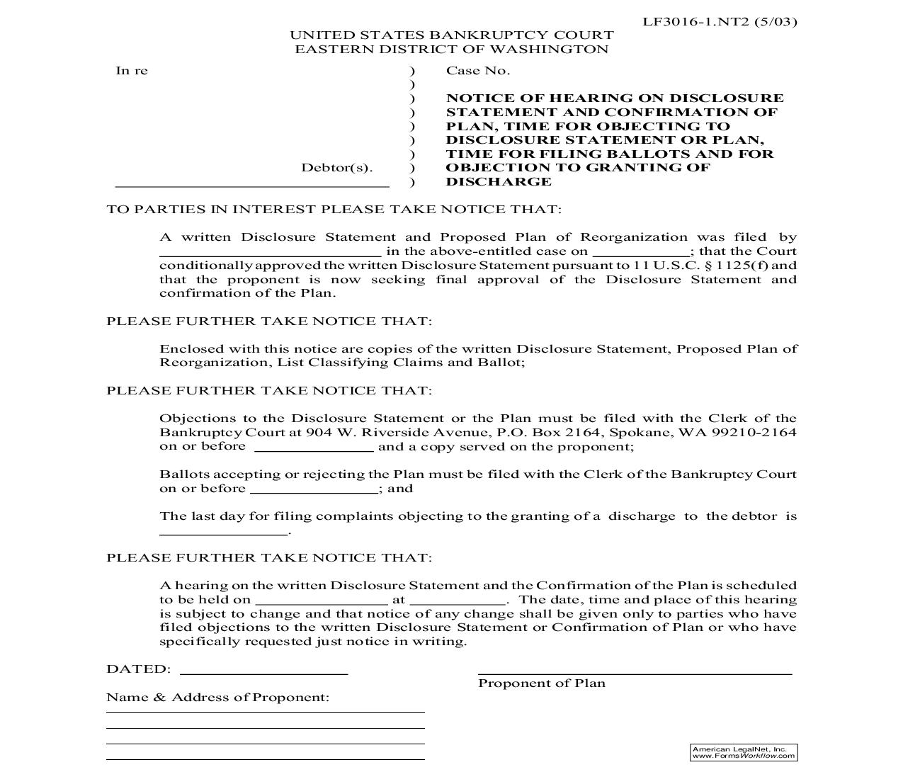Notice Of Hearing On Disclosure Statement And Confirmation Of Plan {LF3016-1.NT2} | Pdf Fpdf Doc Docx | Washington