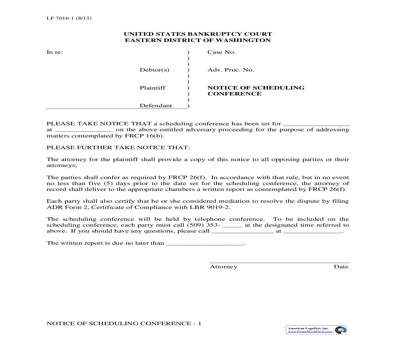 Notice Of Scheduling Conference {LF7016-1} | Pdf Fpdf Doc Docx | Washington