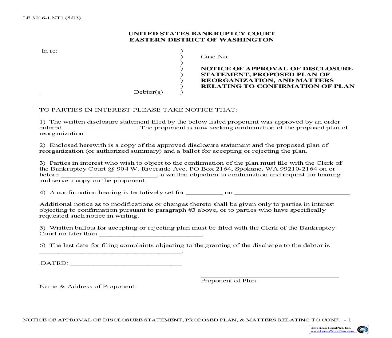 Notice of Approval of Disclosure Statement {LF3016-1.NT1} | Pdf Fpdf Doc Docx | Washington