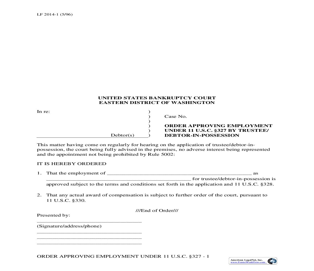 Order Approving Employment By Trustee-Debtor In Possession {LF2014-1} | Pdf Fpdf Doc Docx | Washington