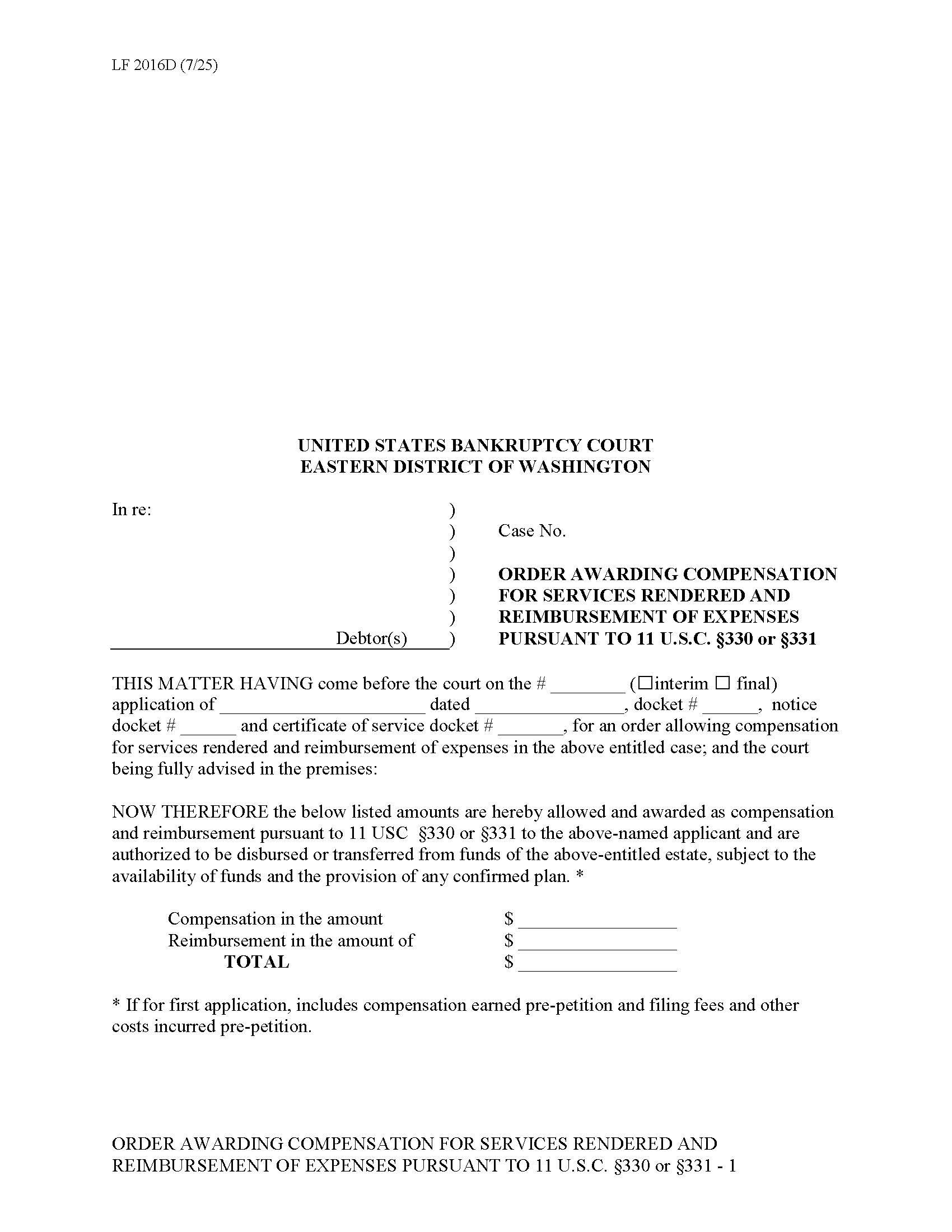 Order Awarding Compensation {LF2016D} | Pdf Fpdf Doc Docx | Washington