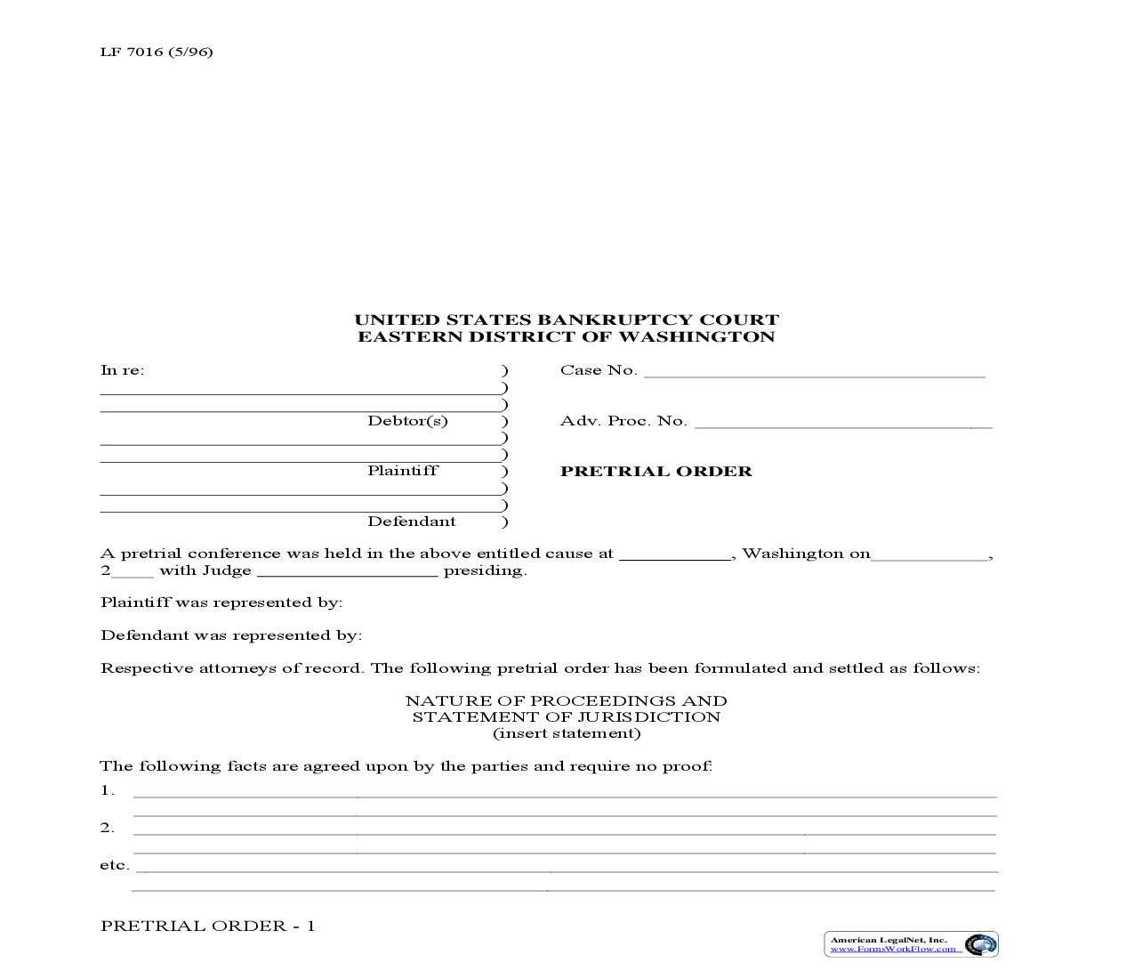 Pretrial Order {LF7016} | Pdf Fpdf Doc Docx | Washington