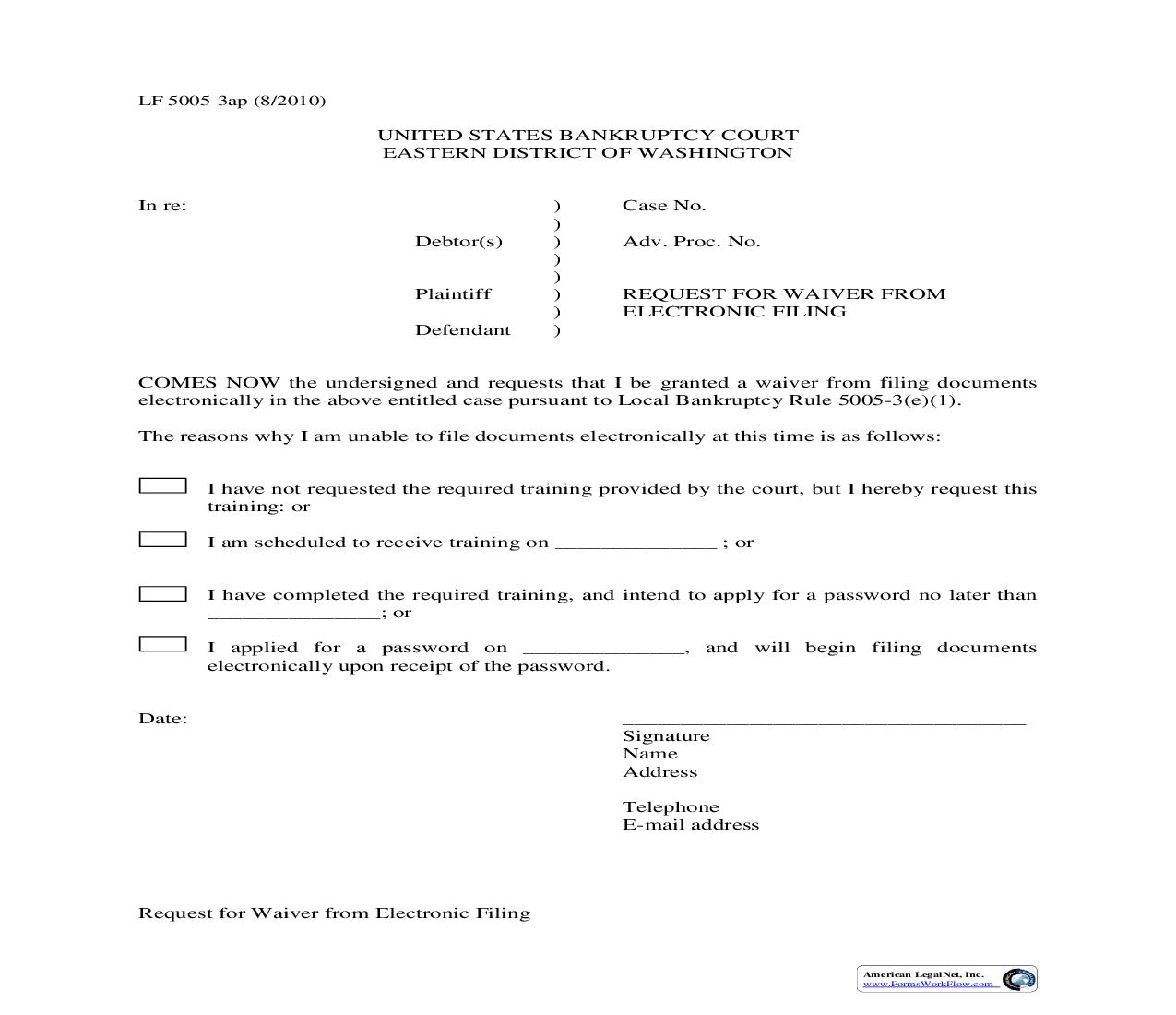 Request For Waiver From Electronic Filing {LF5005-3ap} | Pdf Fpdf Doc Docx | Washington