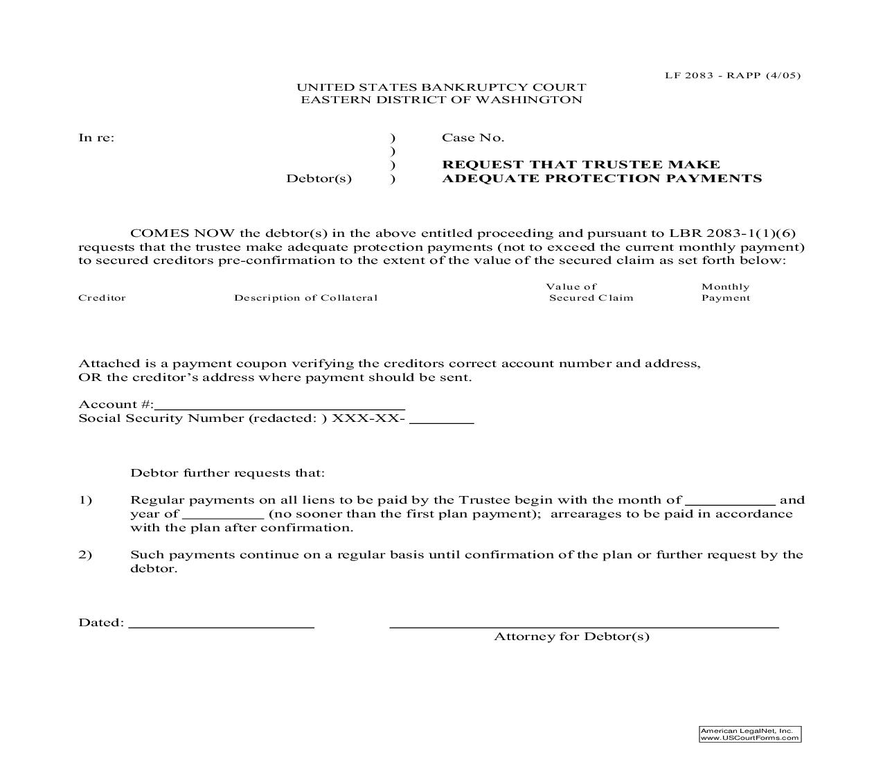 Request That Trustee Make Adequate Protection Payments {LF2083-RAPP} | Pdf Fpdf Doc Docx | Washington