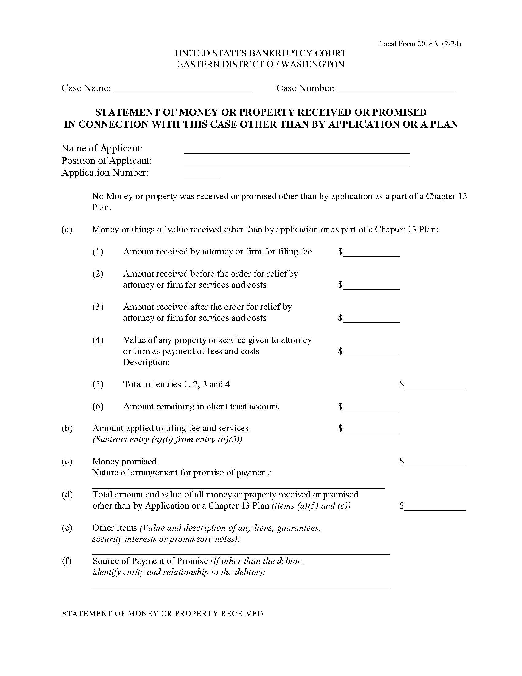 Statement Of Money Or Property Received Or Promised {LF2016A} | Pdf Fpdf Docx | Washington