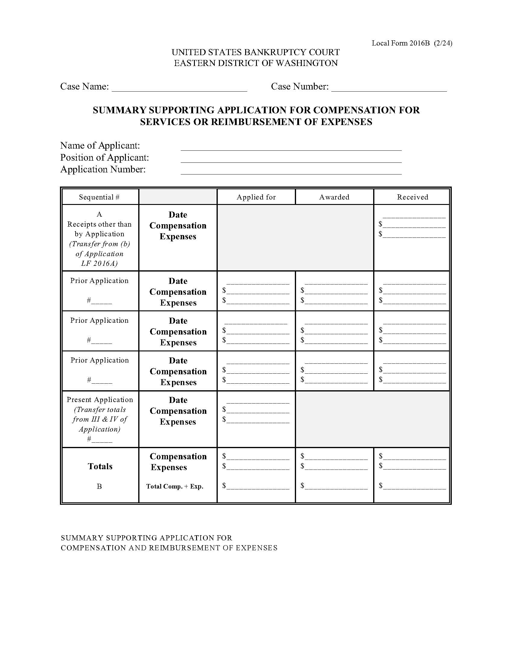 Summary Supporting Application For Compensation For Services Or Reimbursement Of Expenses {LF2016B} | Pdf Fpdf Doc Docx | Washington