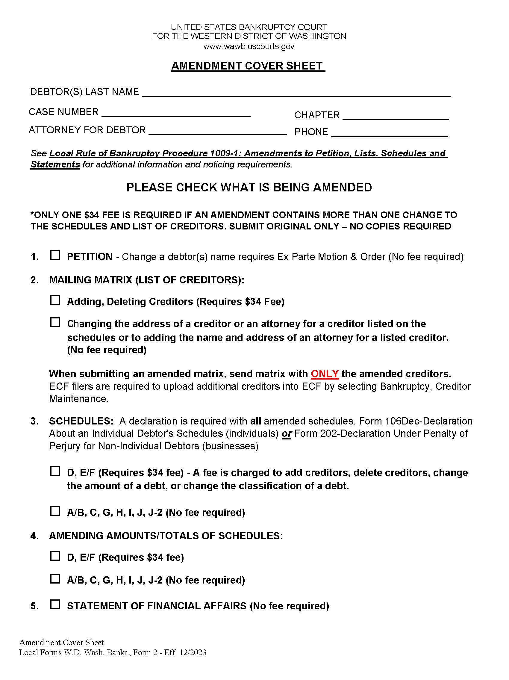 Amendment Cover Sheet | Pdf Fpdf Doc Docx | Washington