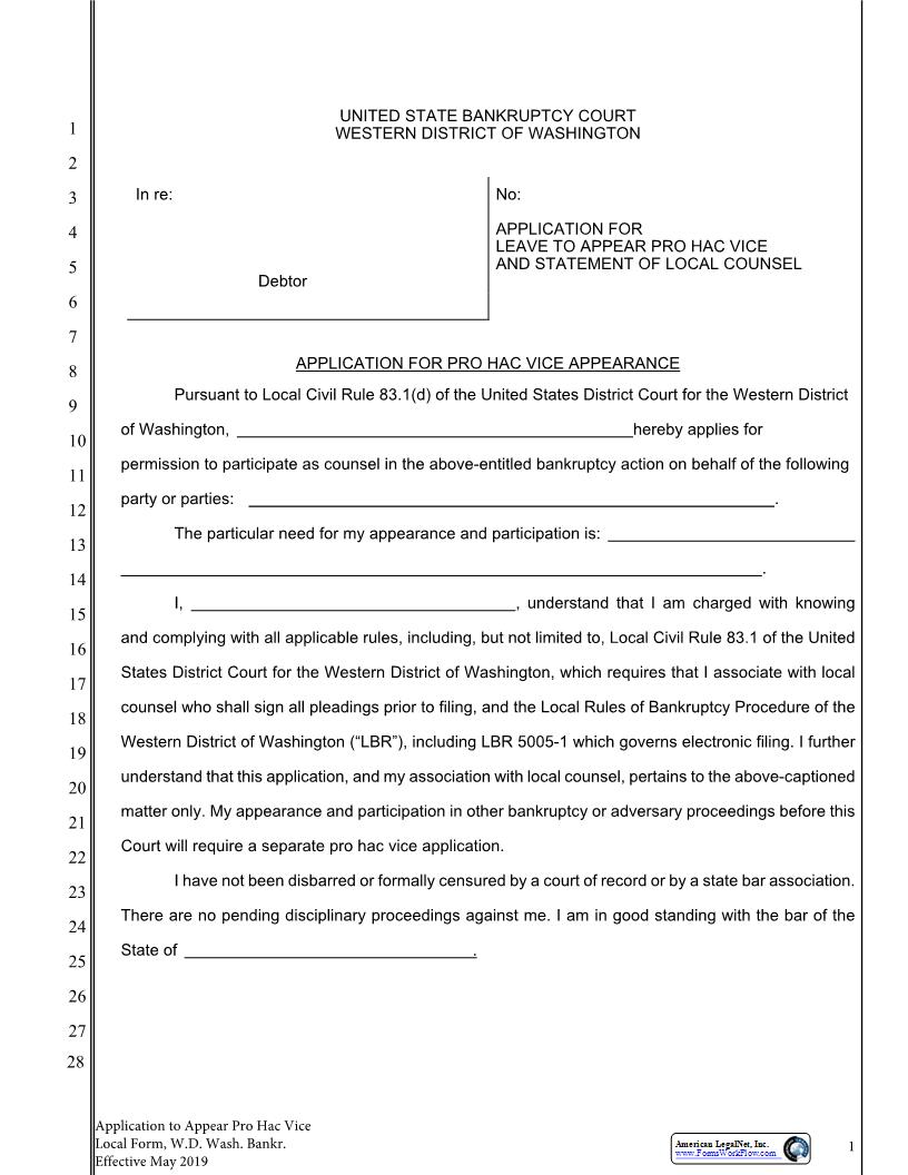 Application For Leave To Appear Pro Hac Vice | Pdf Fpdf Docx | Washington