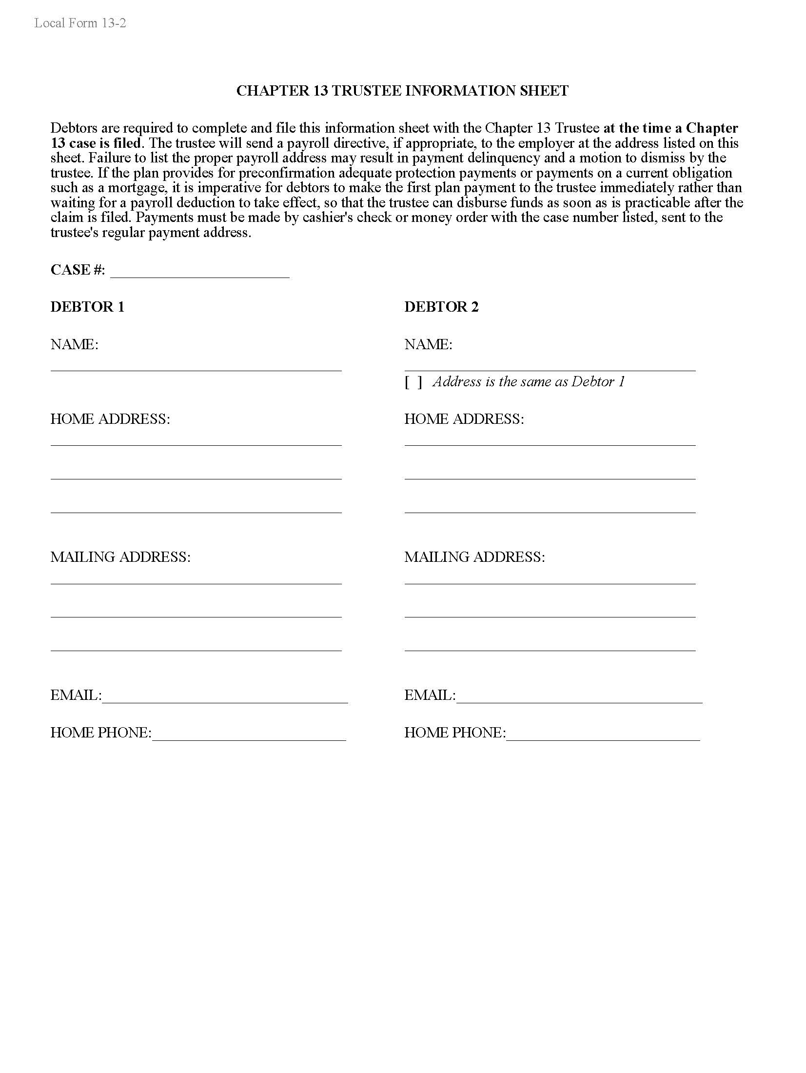 Chapter 13 Trustee Information Sheet {13-2} | Pdf Fpdf Docx | Washington