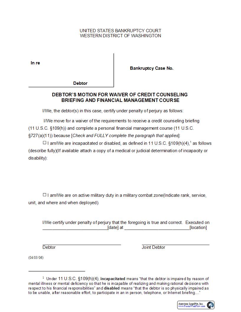 Debtors Motion For Waiver Of Credit Counseling Course | Pdf Fpdf Docx | Washington