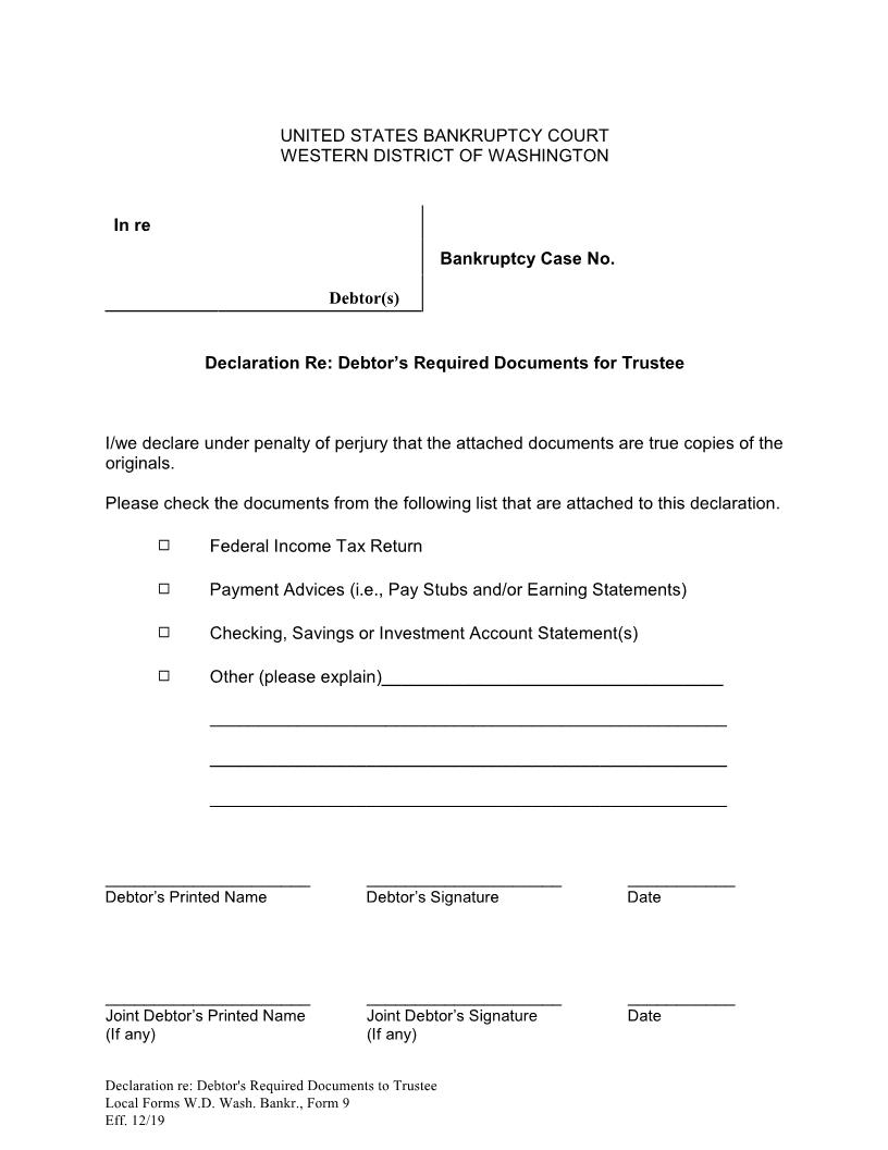 Declaration Re Debtors Required Documents For Trustee | Pdf Fpdf Docx | Washington