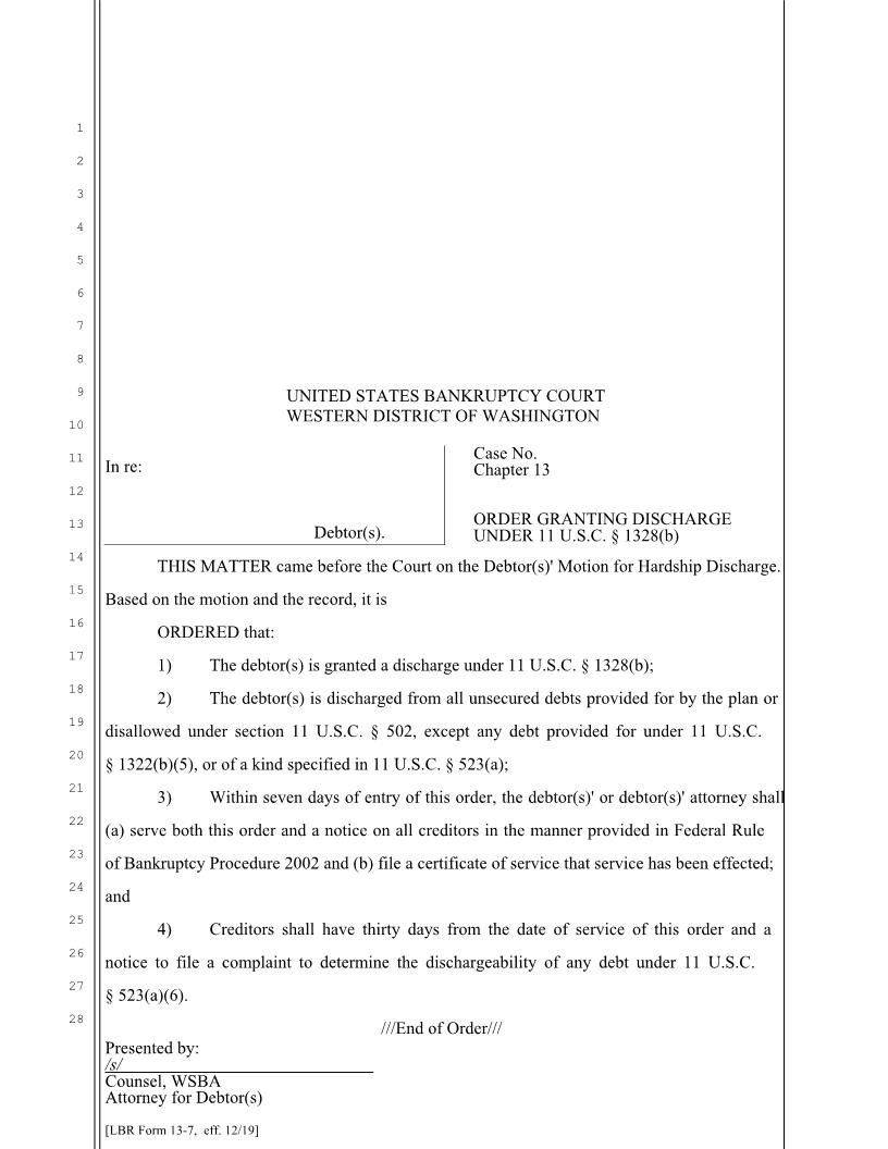 Order Granting Discharge {Form 13-7} | Pdf Fpdf Docx | Washington